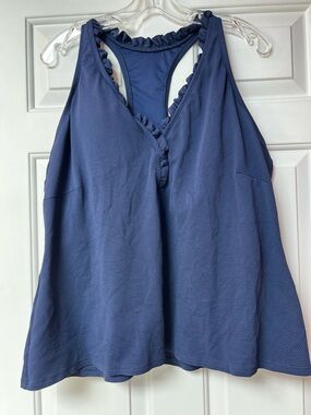 Beach House Navy Ruffle Racerback Tank